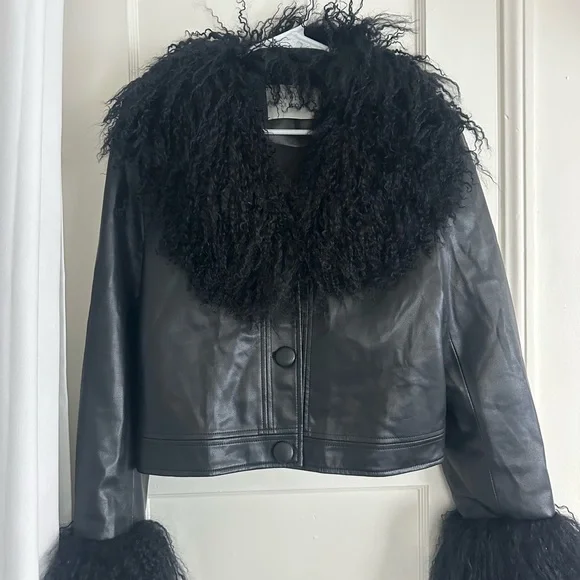 Women's Black Faux Leather Jacket with Curly Faux Fur Collar and Cuffs - Picture 1 of 3